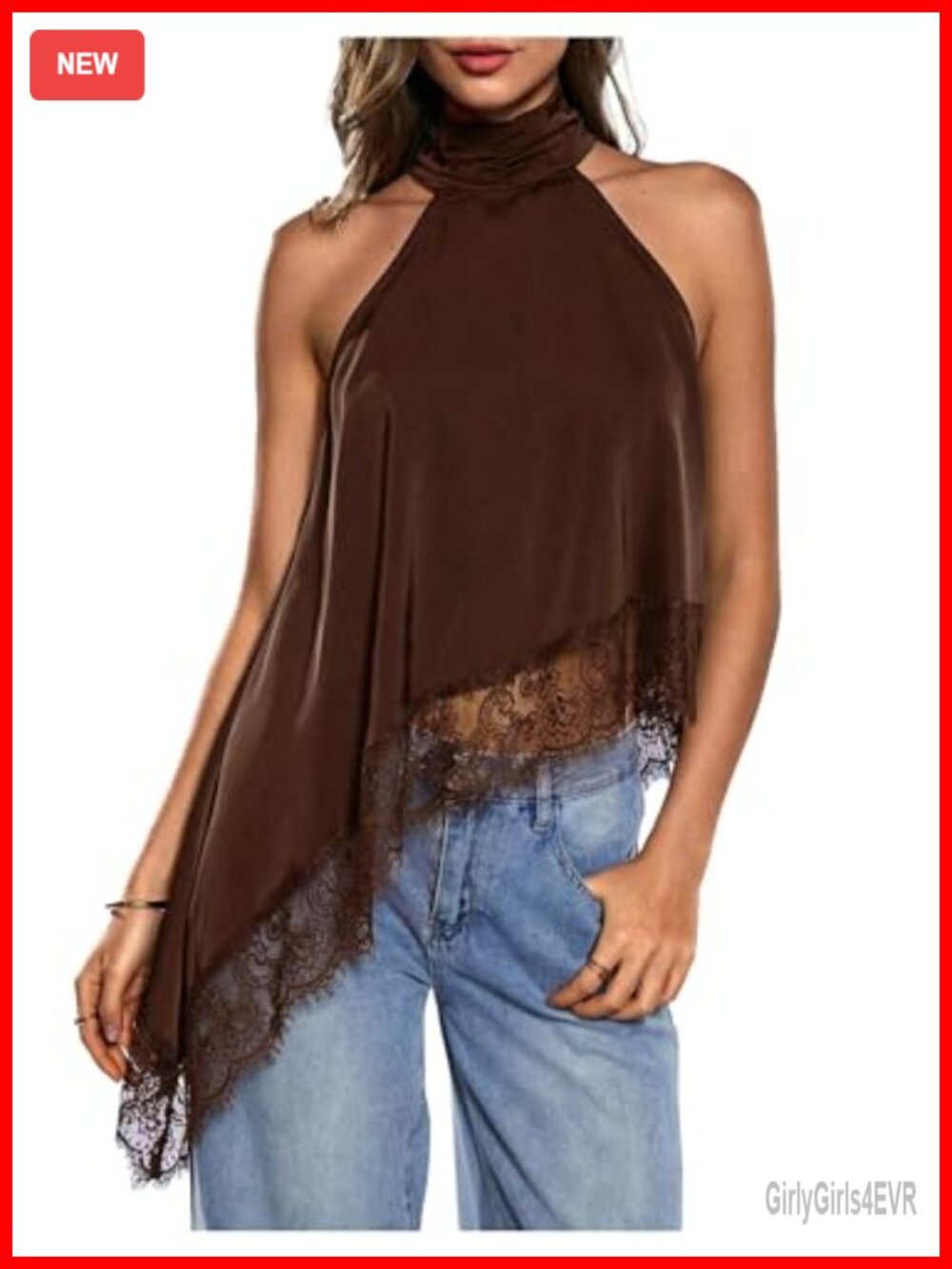 Lace Halter Neck Asymmetrical Hem Going Out Tank Top